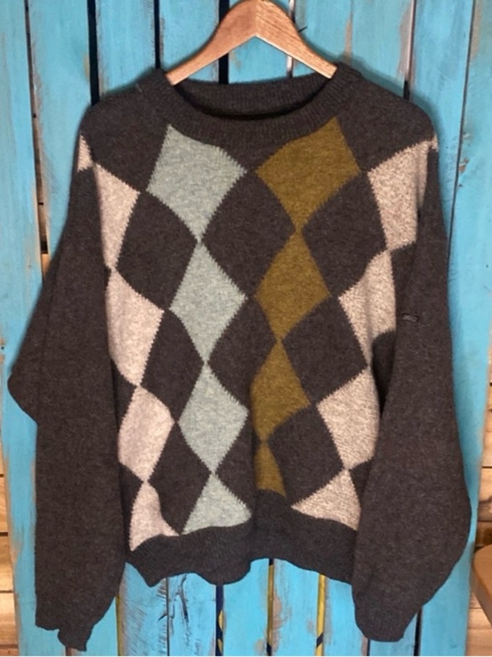 Boss argyle sweater size XL alpaca/virgin wool gray white turquoise gold Germany